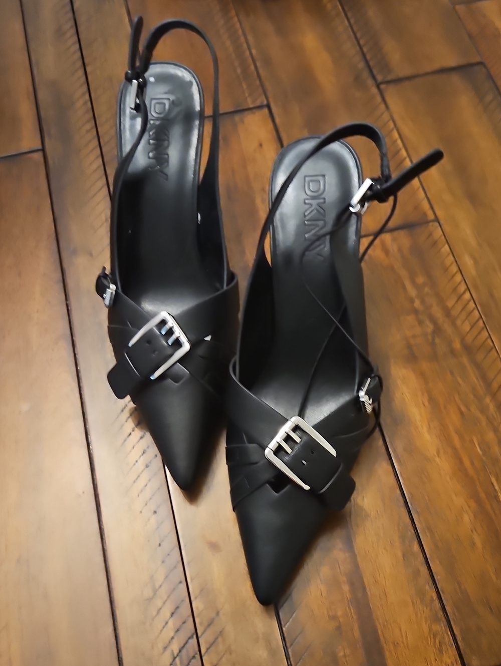 DKNY Black Pointed Buckle Slingback Heels